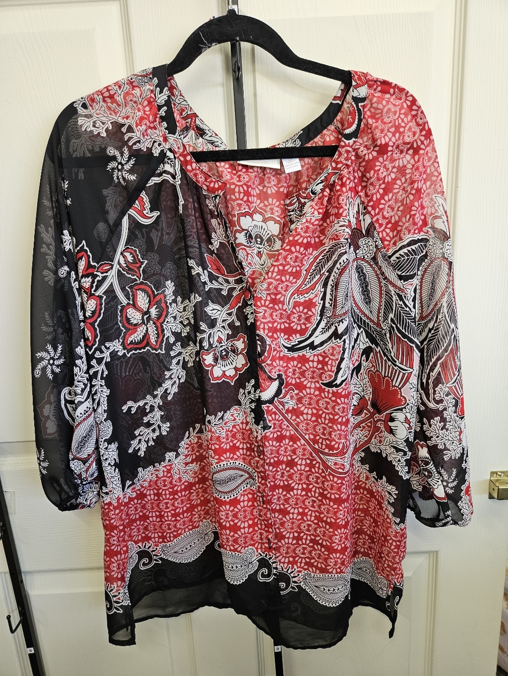 Chico's Red and Black Floral Patchwork Blouse